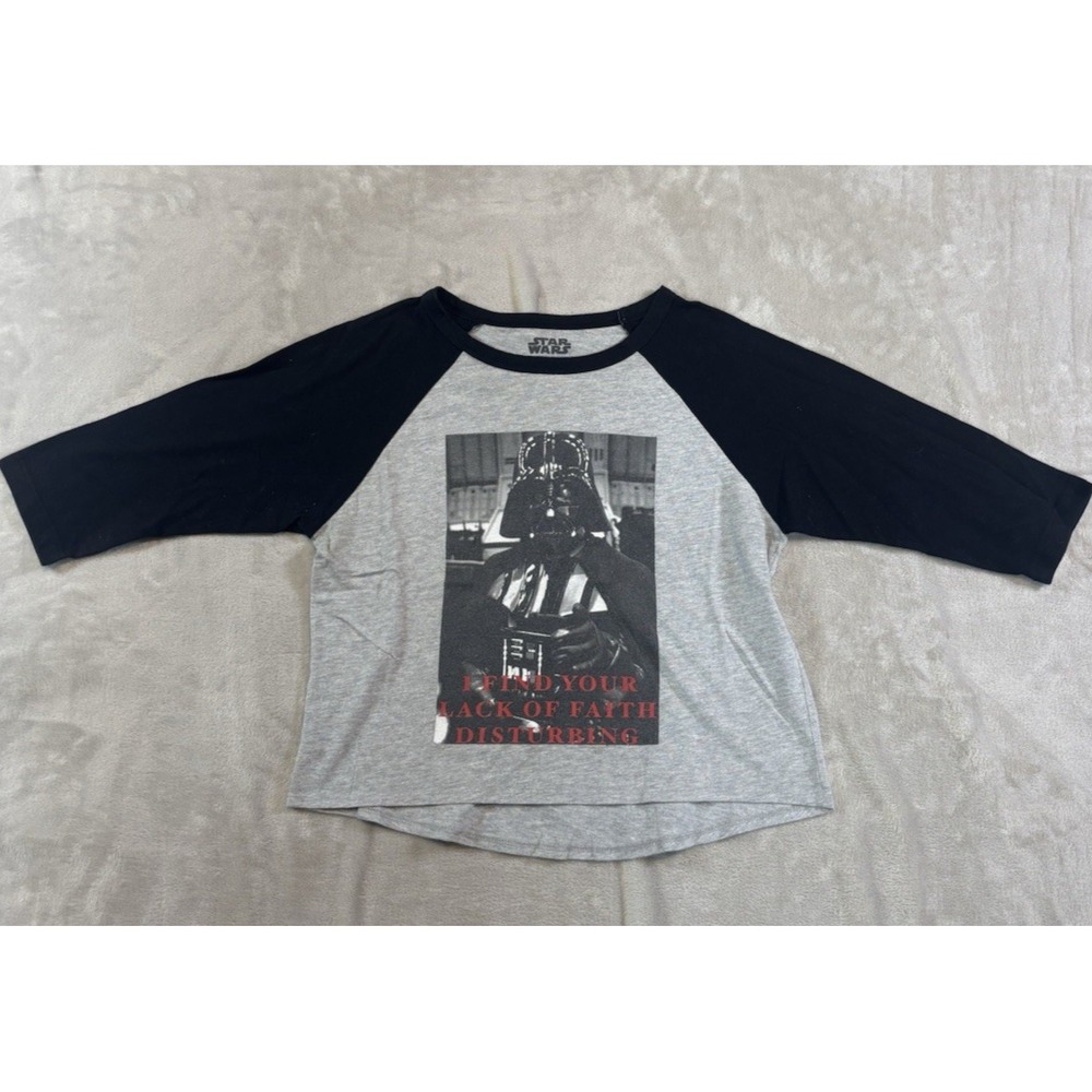 Star Wars Darth Vader Graphic Baseball Tee Mighty Fine Black Gray Womens Medium
